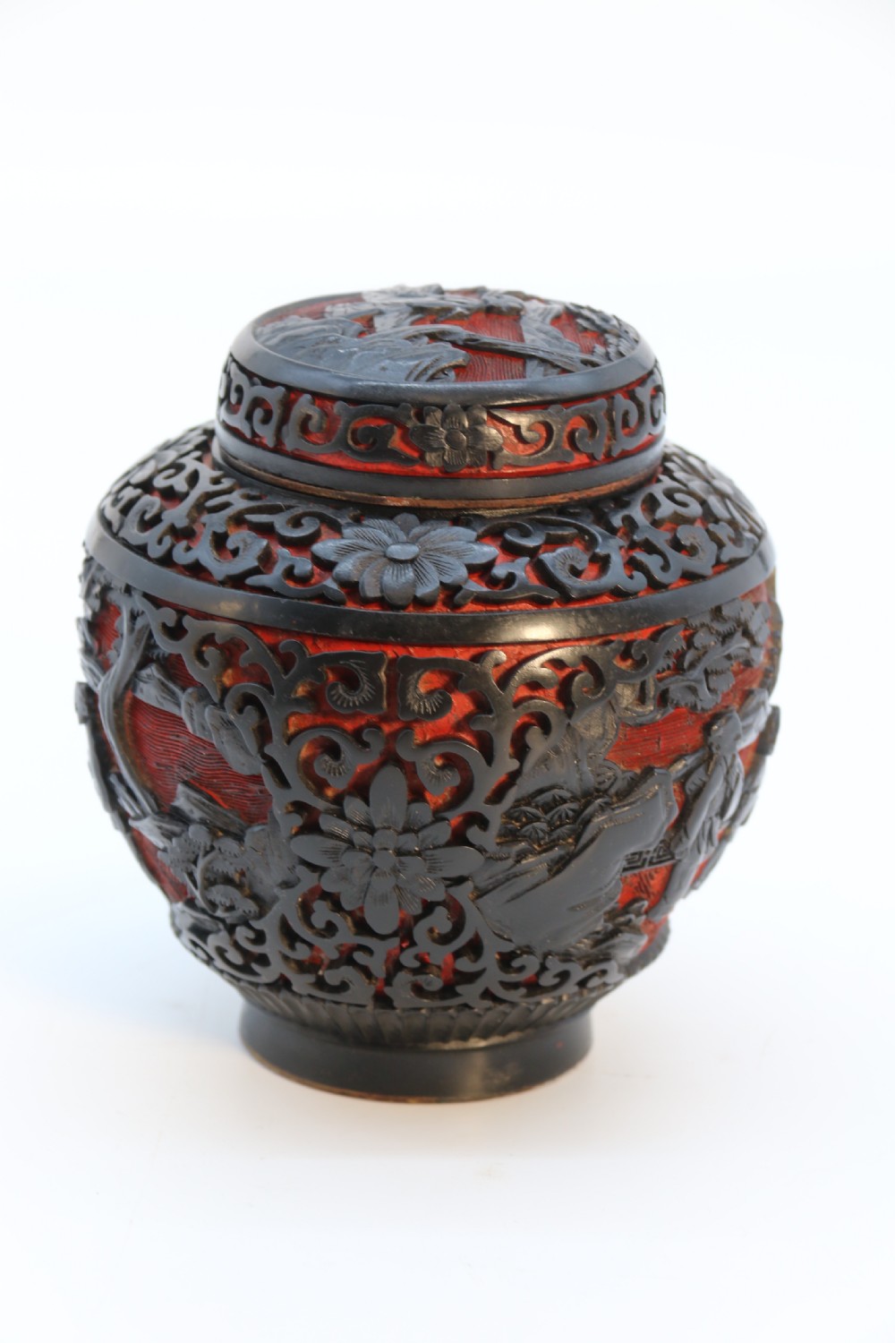 A fine Chinese carved cinnabar red and black lacquer jar and cover, circa 1920 View IV