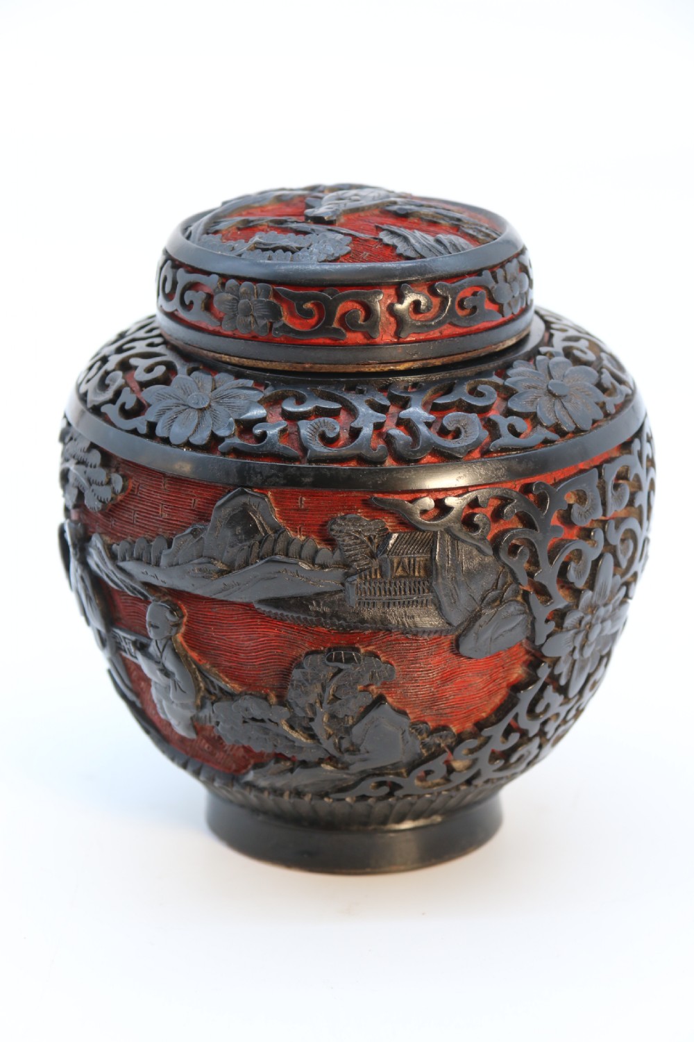A fine Chinese carved cinnabar red and black lacquer jar and cover, circa 1920 View VI