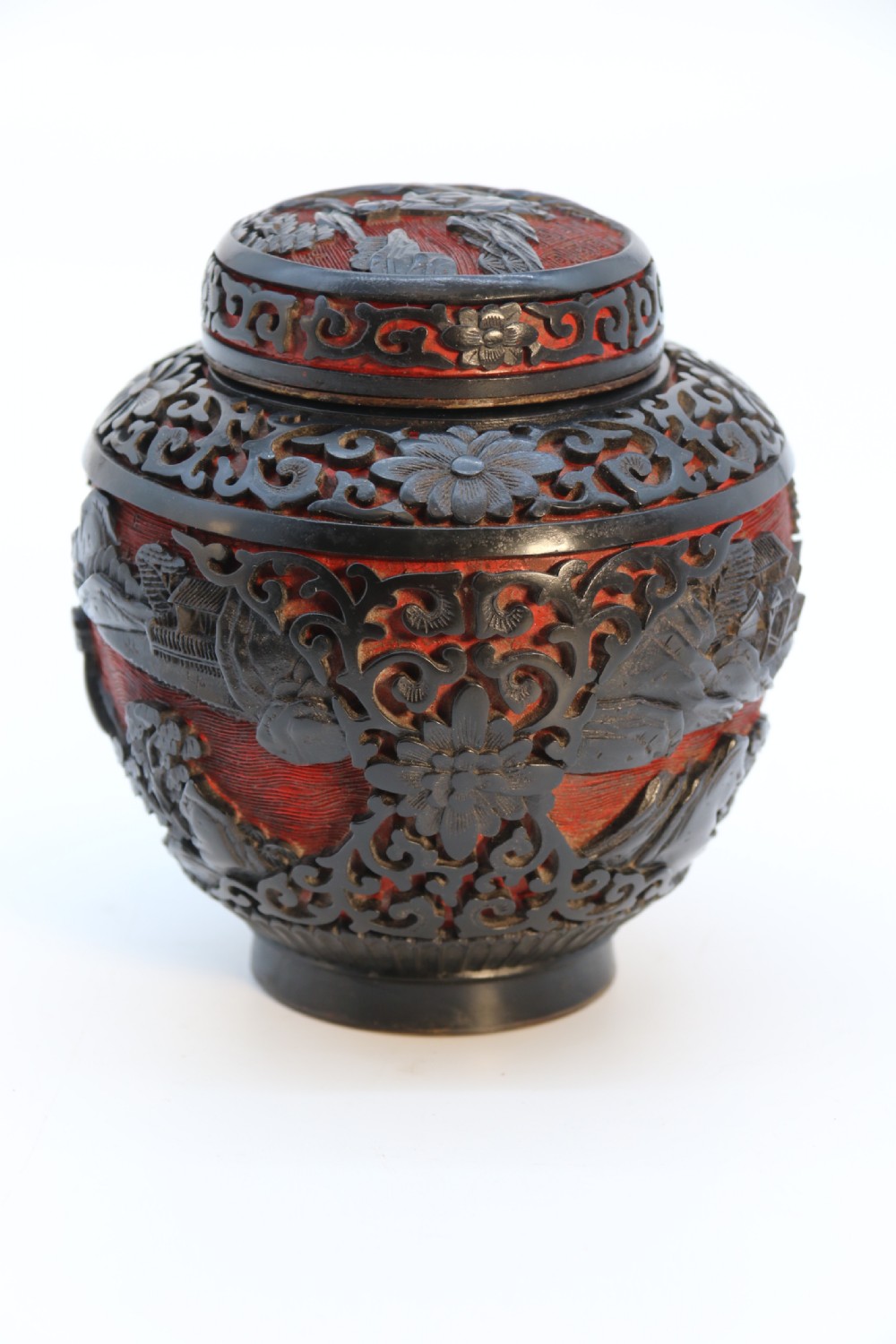 A fine Chinese carved cinnabar red and black lacquer jar and cover, circa 1920 View VIII