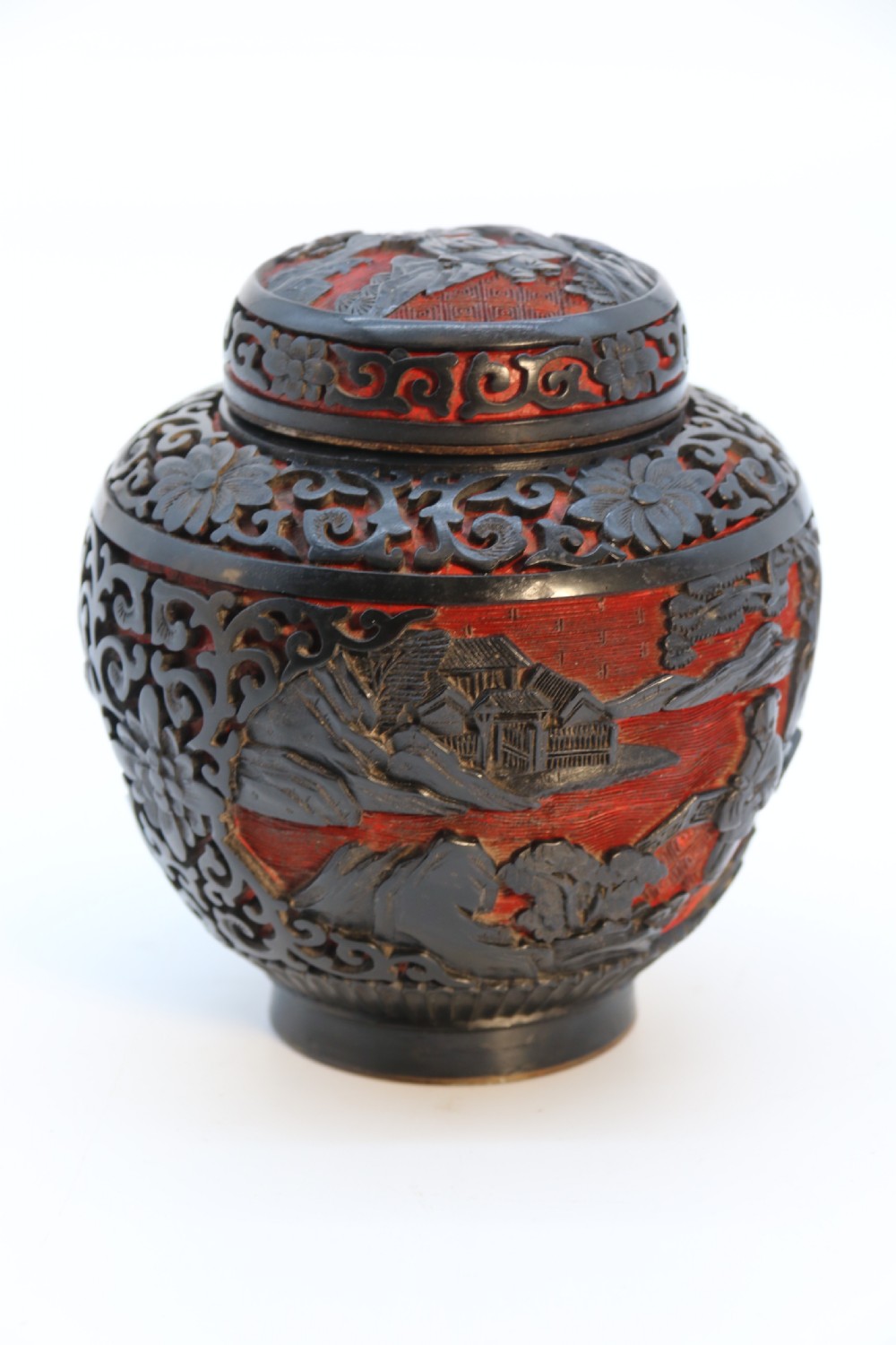 A fine Chinese carved cinnabar red and black lacquer jar and cover, circa 1920 View IX