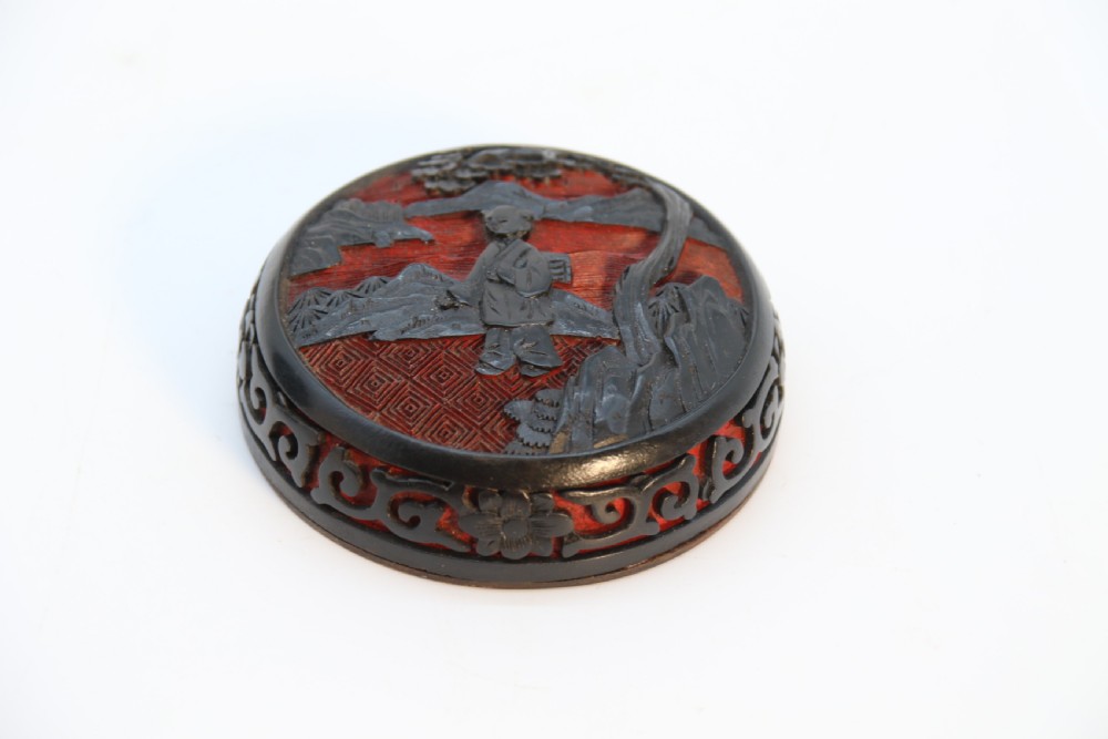 A fine Chinese carved cinnabar red and black lacquer jar and cover, circa 1920 View XII