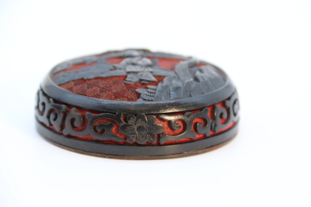 A fine Chinese carved cinnabar red and black lacquer jar and cover, circa 1920 View XIII