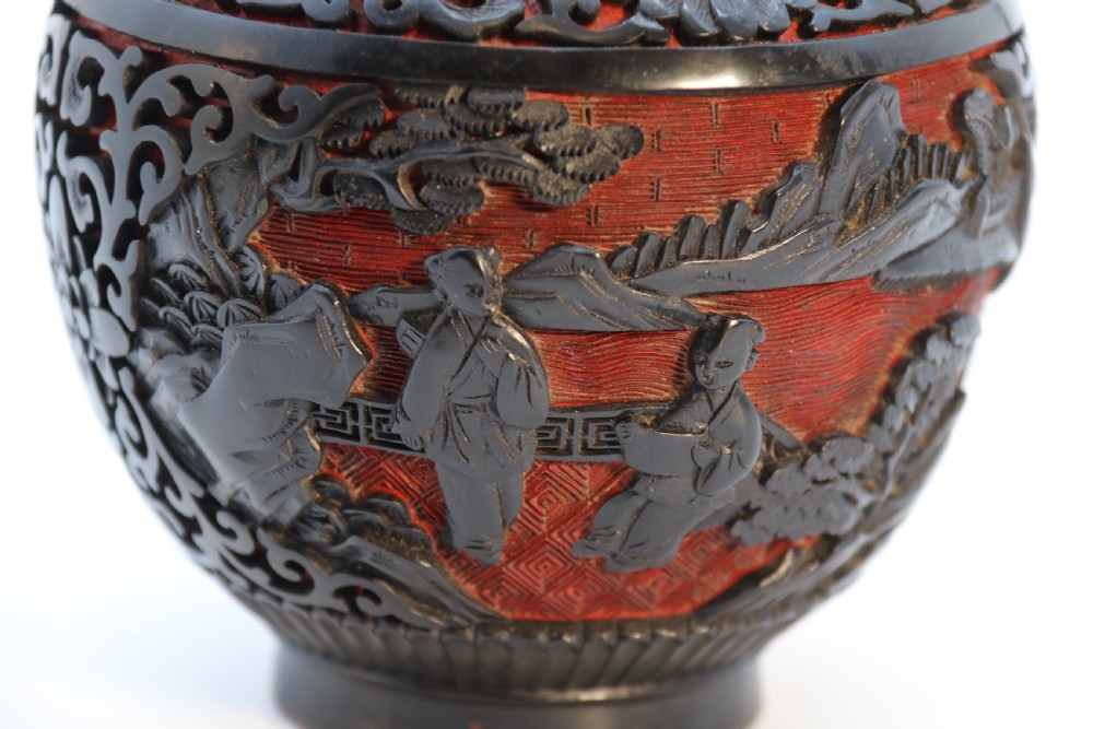 A fine Chinese carved cinnabar red and black lacquer jar and cover, circa 1920 View XVI