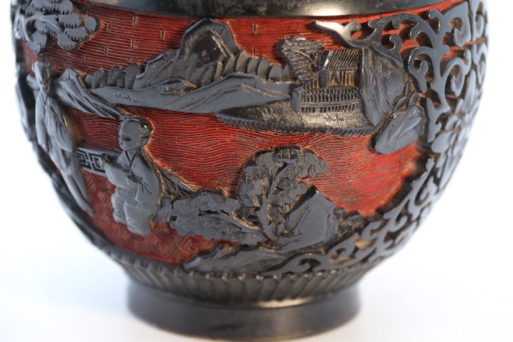 A fine Chinese carved cinnabar red and black lacquer jar and cover, circa 1920 View XVII