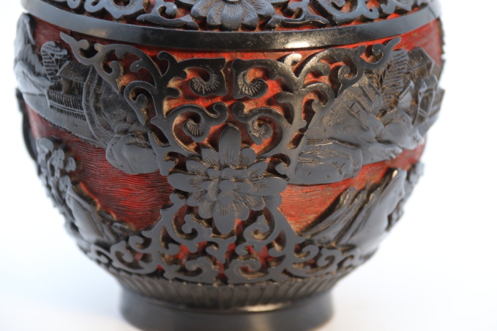 A fine Chinese carved cinnabar red and black lacquer jar and cover, circa 1920 View XVIII