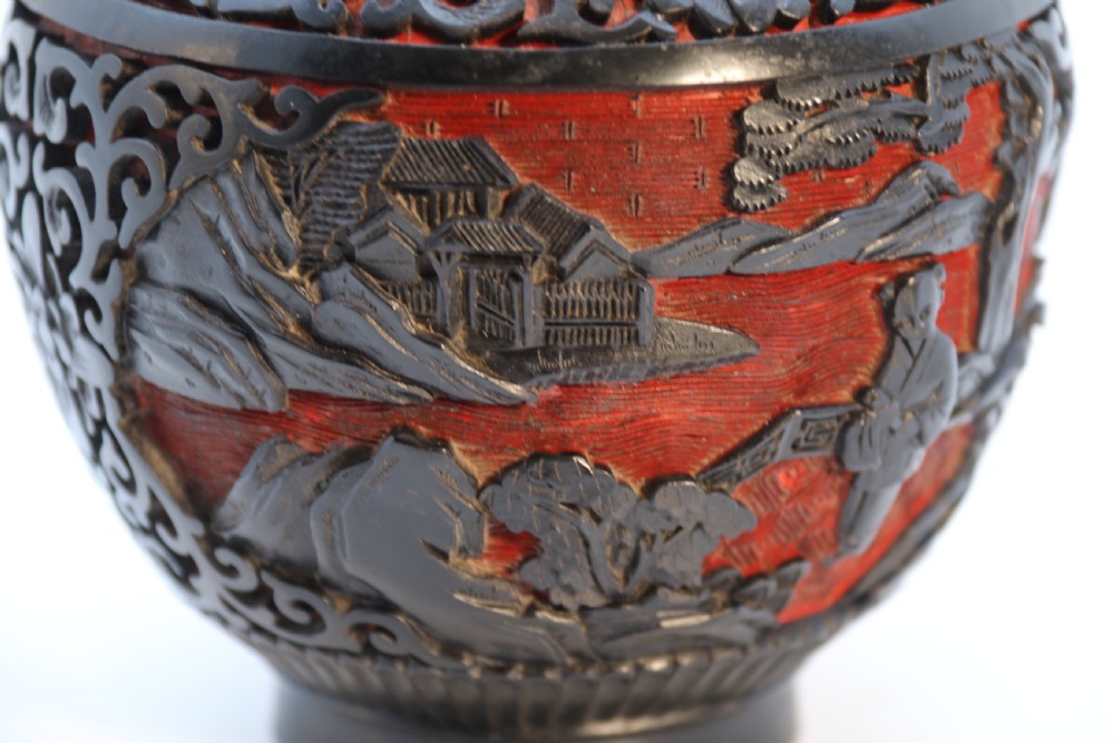 A fine Chinese carved cinnabar red and black lacquer jar and cover, circa 1920 View XIX