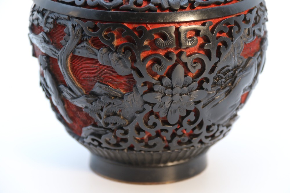 A fine Chinese carved cinnabar red and black lacquer jar and cover, circa 1920 View XXI