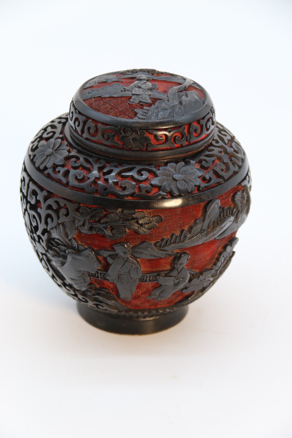 A fine Chinese carved cinnabar red and black lacquer jar and cover, circa 1920 View XXV