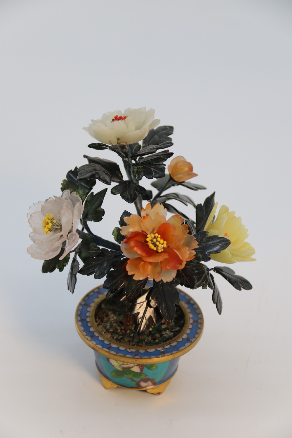 A very fine Chinese carved hardstone and cloisonne study of a flowering bonsai tree, circa 1920 View II