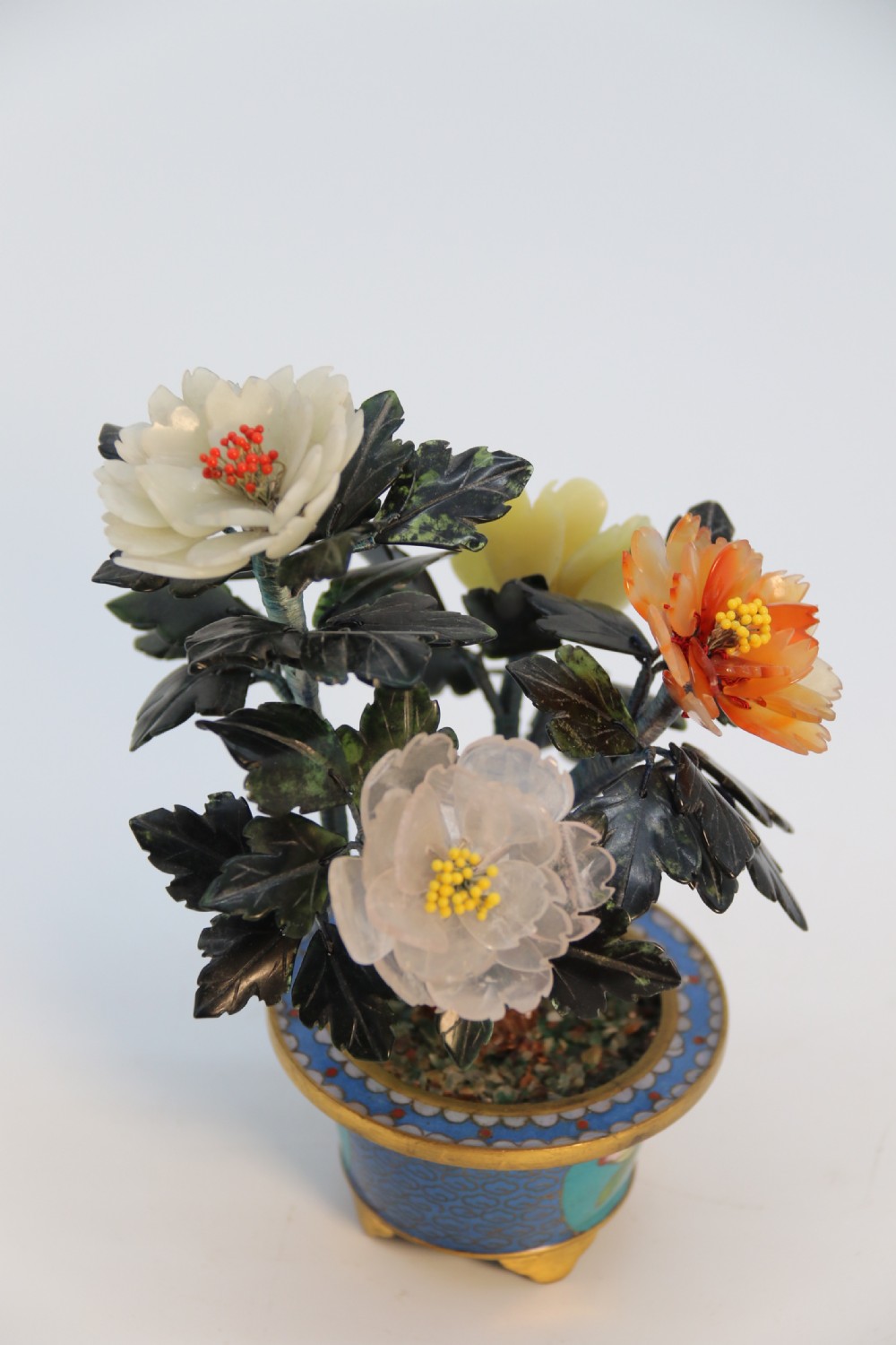 A very fine Chinese carved hardstone and cloisonne study of a flowering bonsai tree, circa 1920 View III