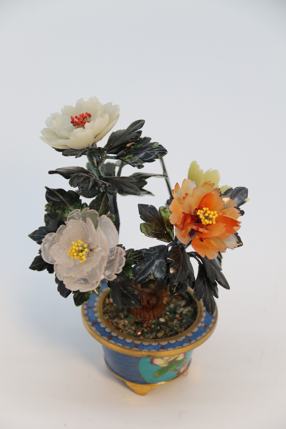 A very fine Chinese carved hardstone and cloisonne study of a flowering bonsai tree, circa 1920 View IV