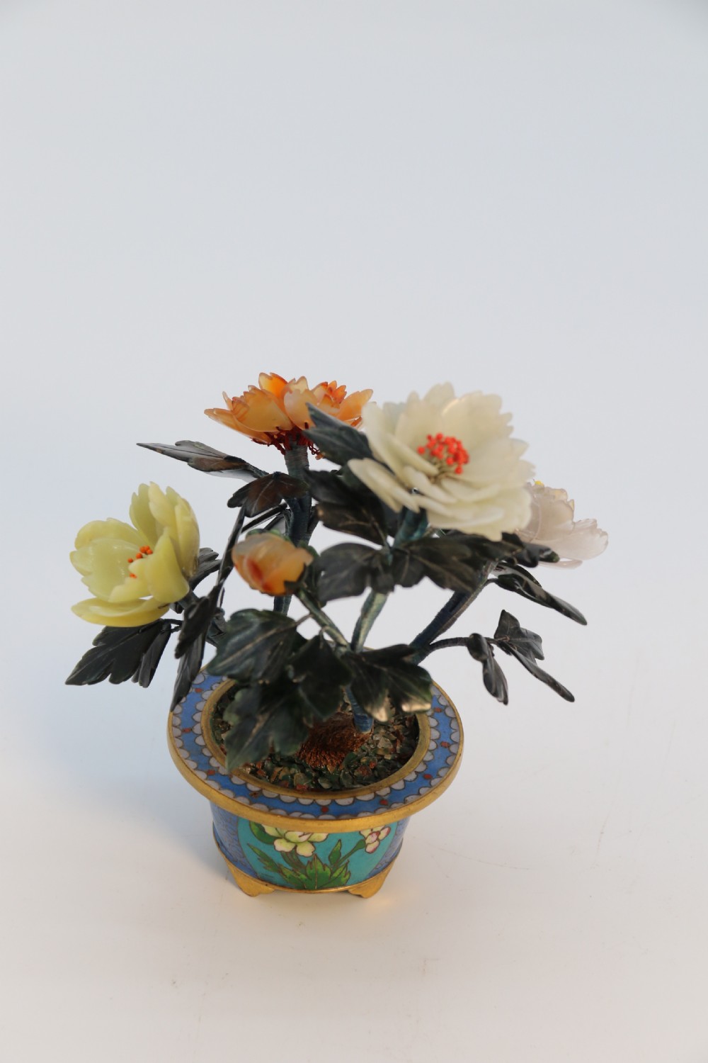 A very fine Chinese carved hardstone and cloisonne study of a flowering bonsai tree, circa 1920 View VI
