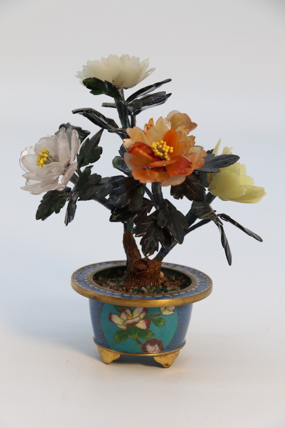 A very fine Chinese carved hardstone and cloisonne study of a flowering bonsai tree, circa 1920 View VII