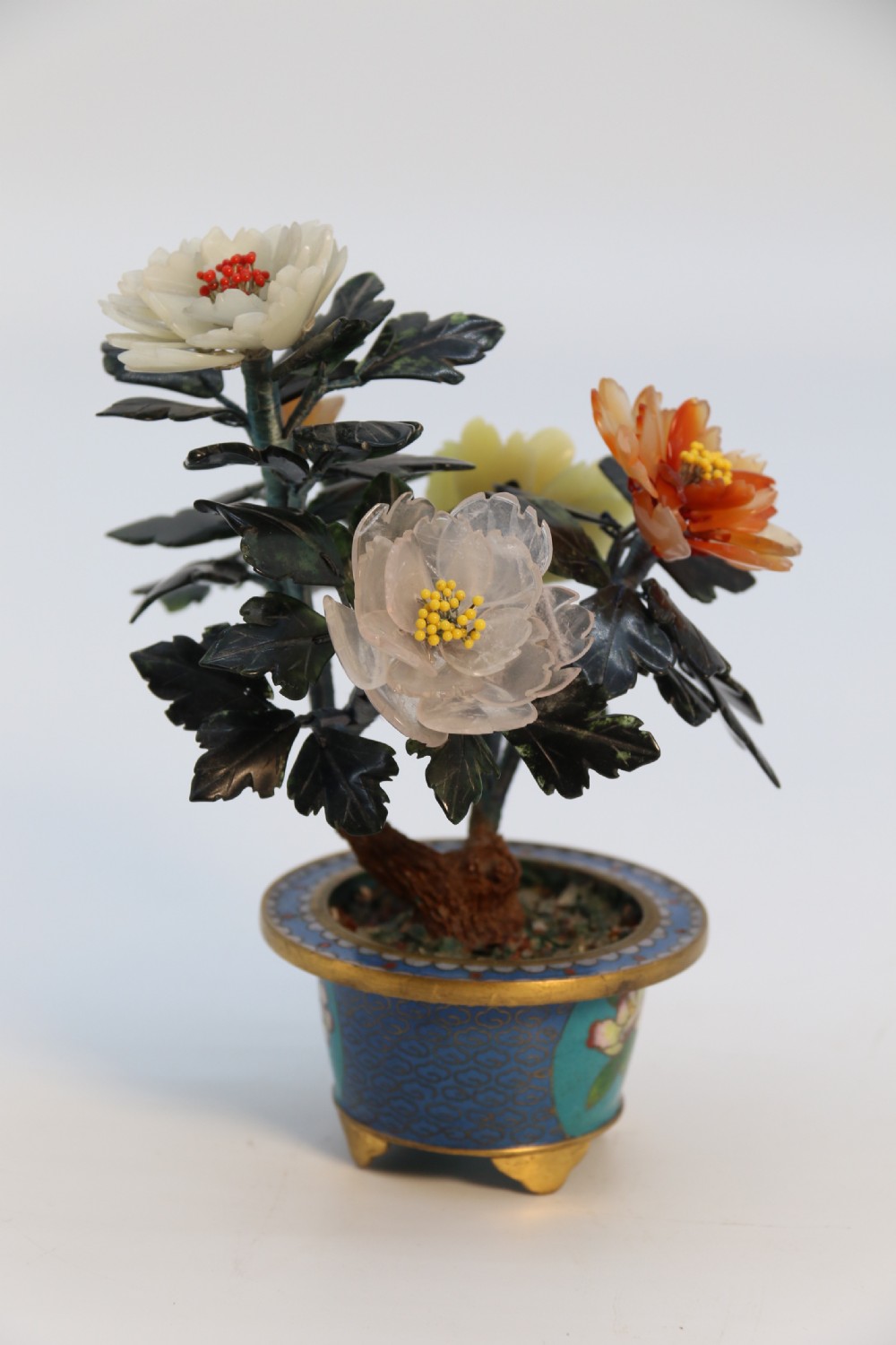 A very fine Chinese carved hardstone and cloisonne study of a flowering bonsai tree, circa 1920 View VIII