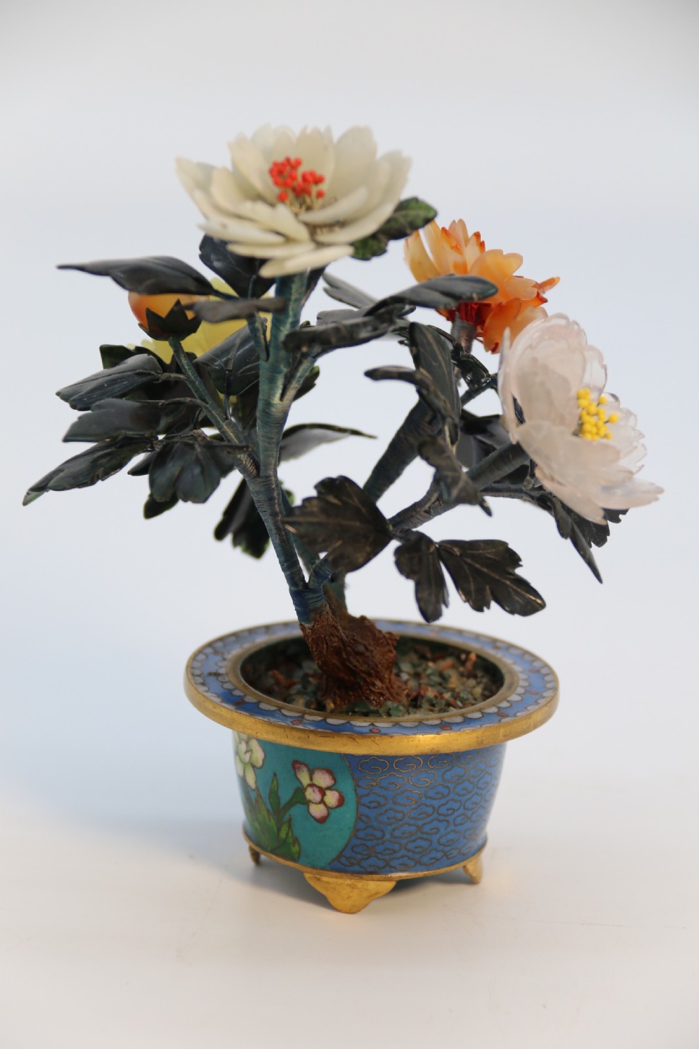 A very fine Chinese carved hardstone and cloisonne study of a flowering bonsai tree, circa 1920 View IX