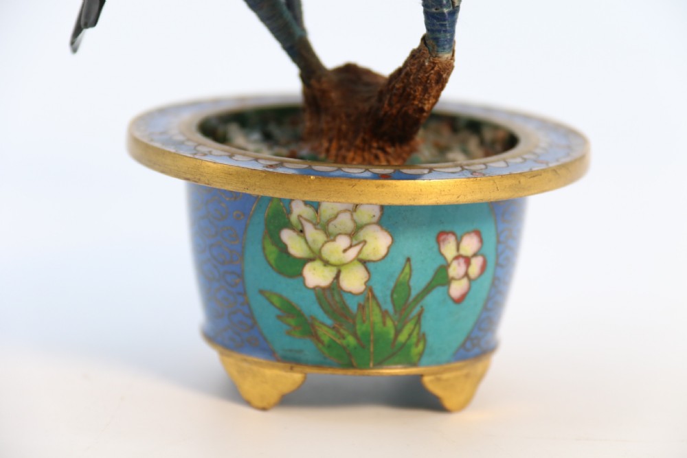 A very fine Chinese carved hardstone and cloisonne study of a flowering bonsai tree, circa 1920 View X