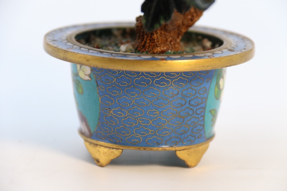 A very fine Chinese carved hardstone and cloisonne study of a flowering bonsai tree, circa 1920 View XI