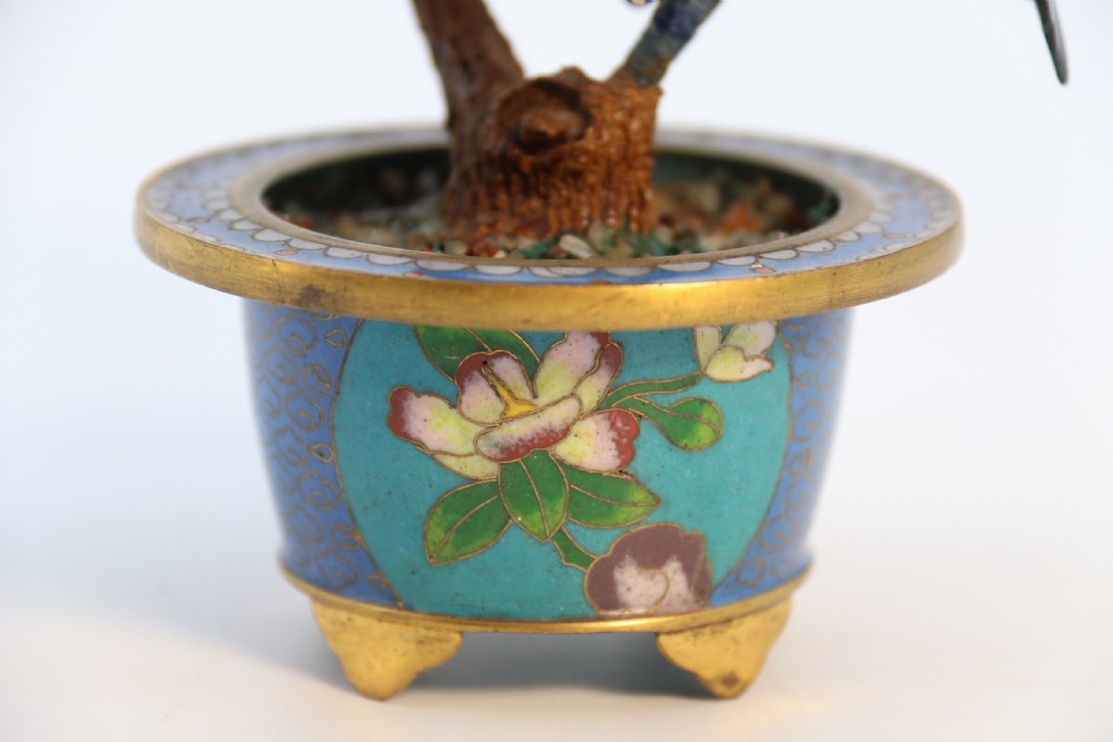 A very fine Chinese carved hardstone and cloisonne study of a flowering bonsai tree, circa 1920 View XII