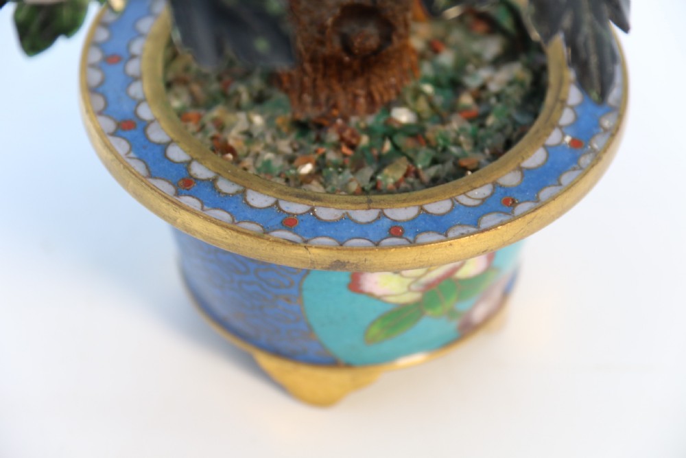 A very fine Chinese carved hardstone and cloisonne study of a flowering bonsai tree, circa 1920 View XIV
