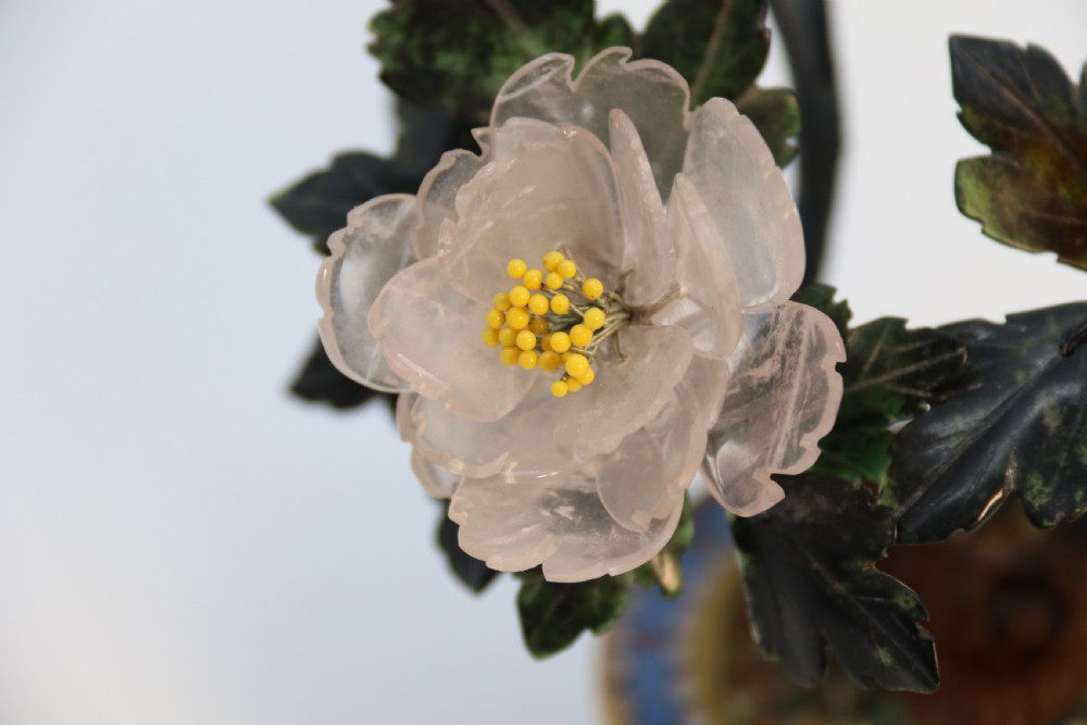 A very fine Chinese carved hardstone and cloisonne study of a flowering bonsai tree, circa 1920 View XV