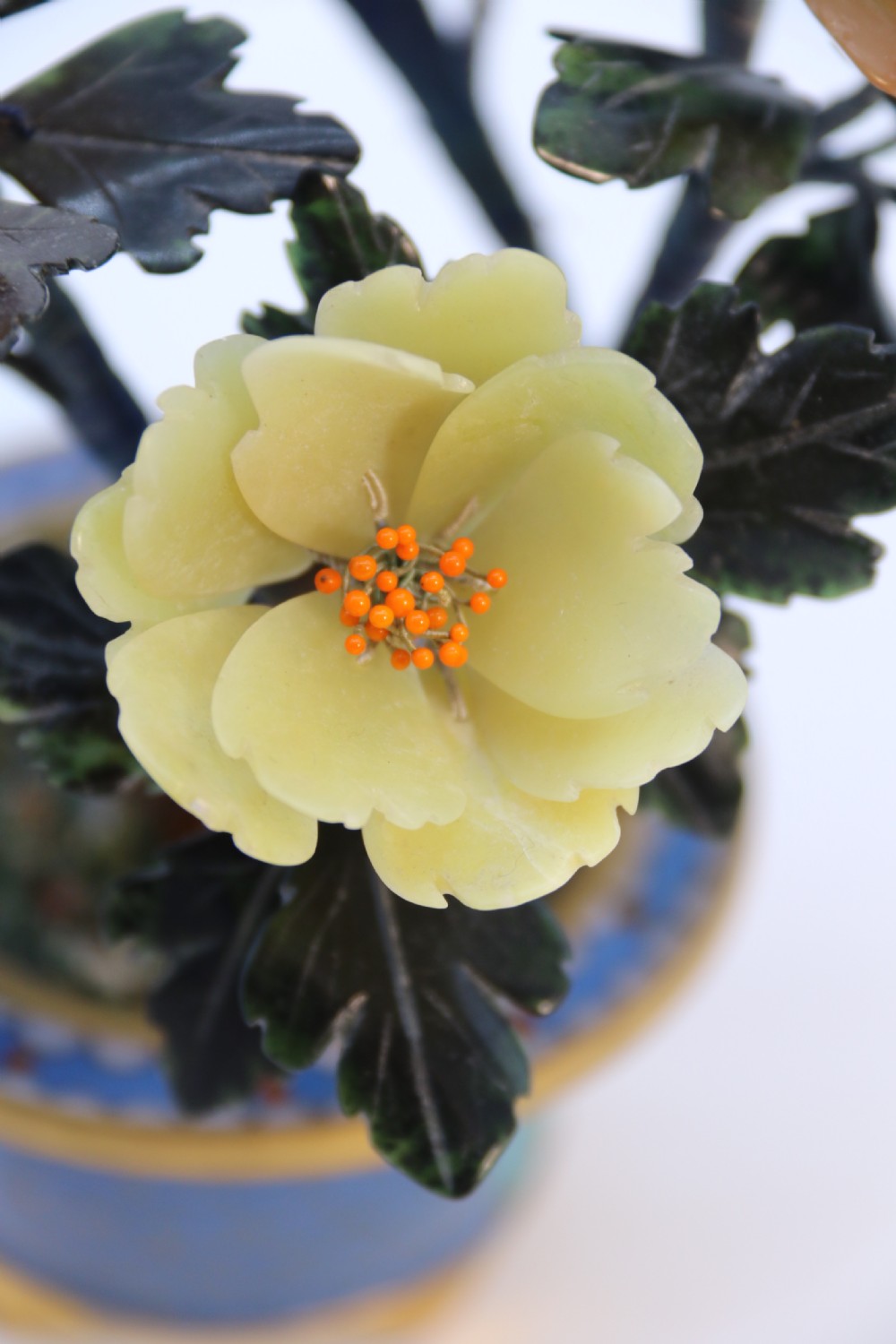 A very fine Chinese carved hardstone and cloisonne study of a flowering bonsai tree, circa 1920 View XVII