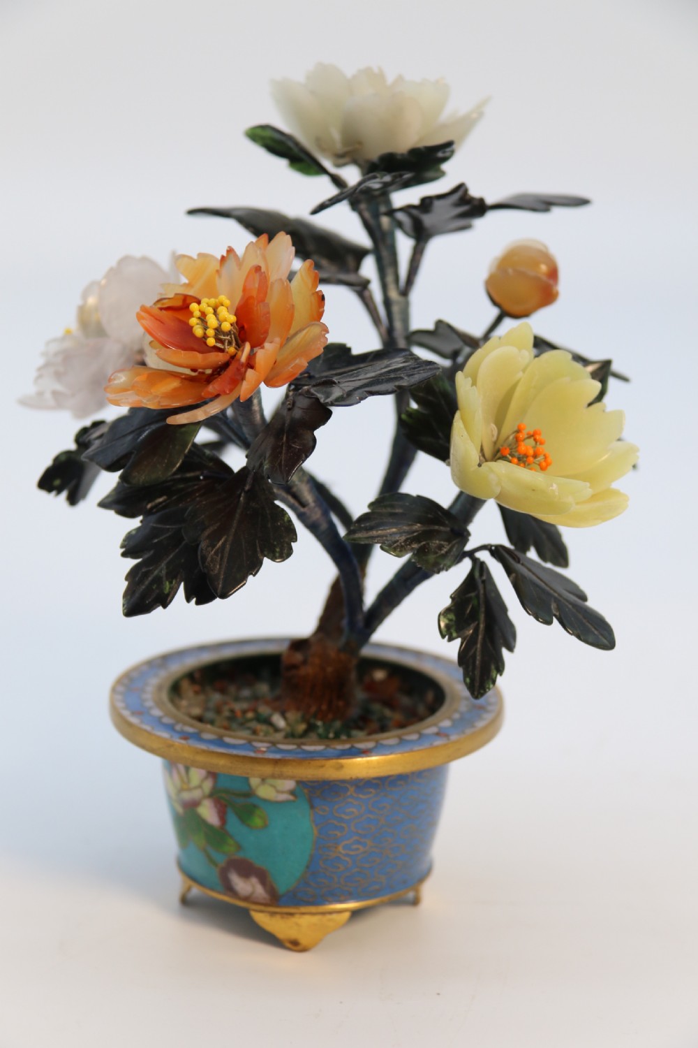 A very fine Chinese carved hardstone and cloisonne study of a flowering bonsai tree, circa 1920 View XX