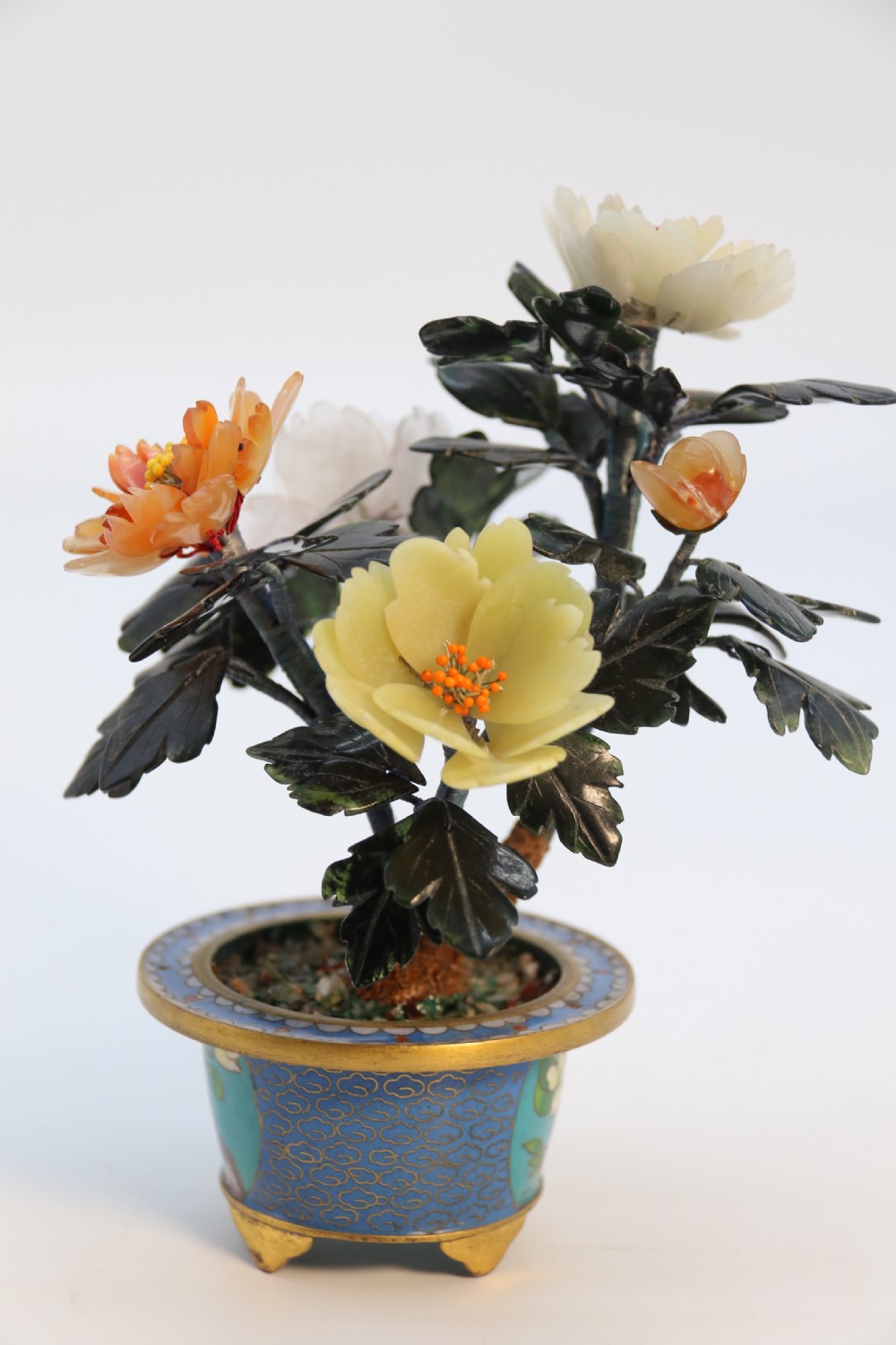 A very fine Chinese carved hardstone and cloisonne study of a flowering bonsai tree, circa 1920 View XXI