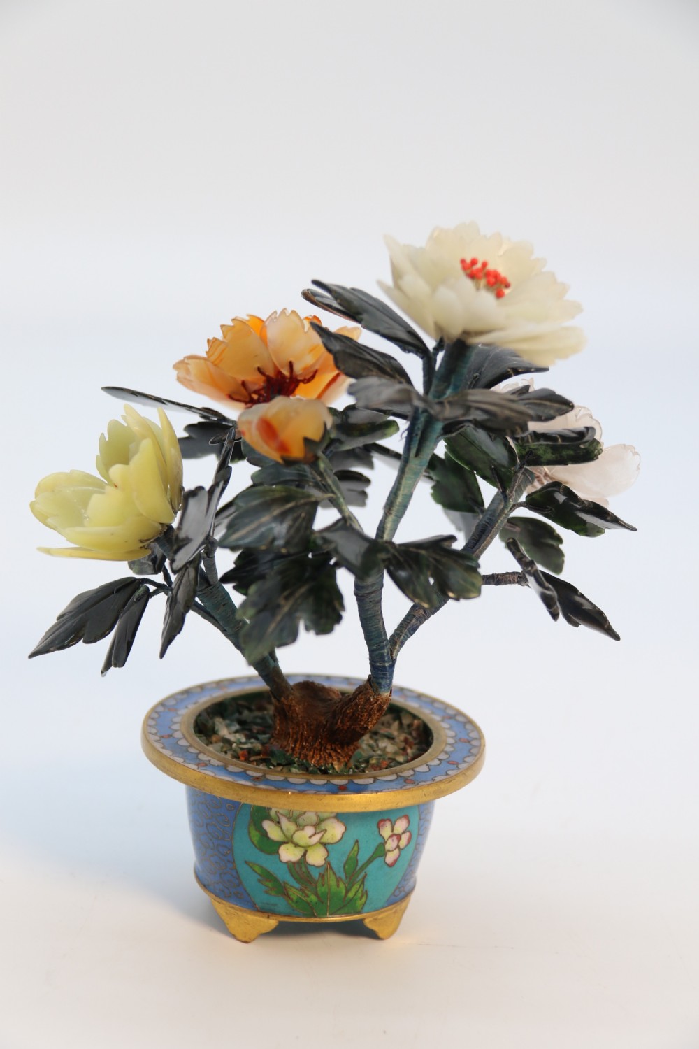 A very fine Chinese carved hardstone and cloisonne study of a flowering bonsai tree, circa 1920 View XXII