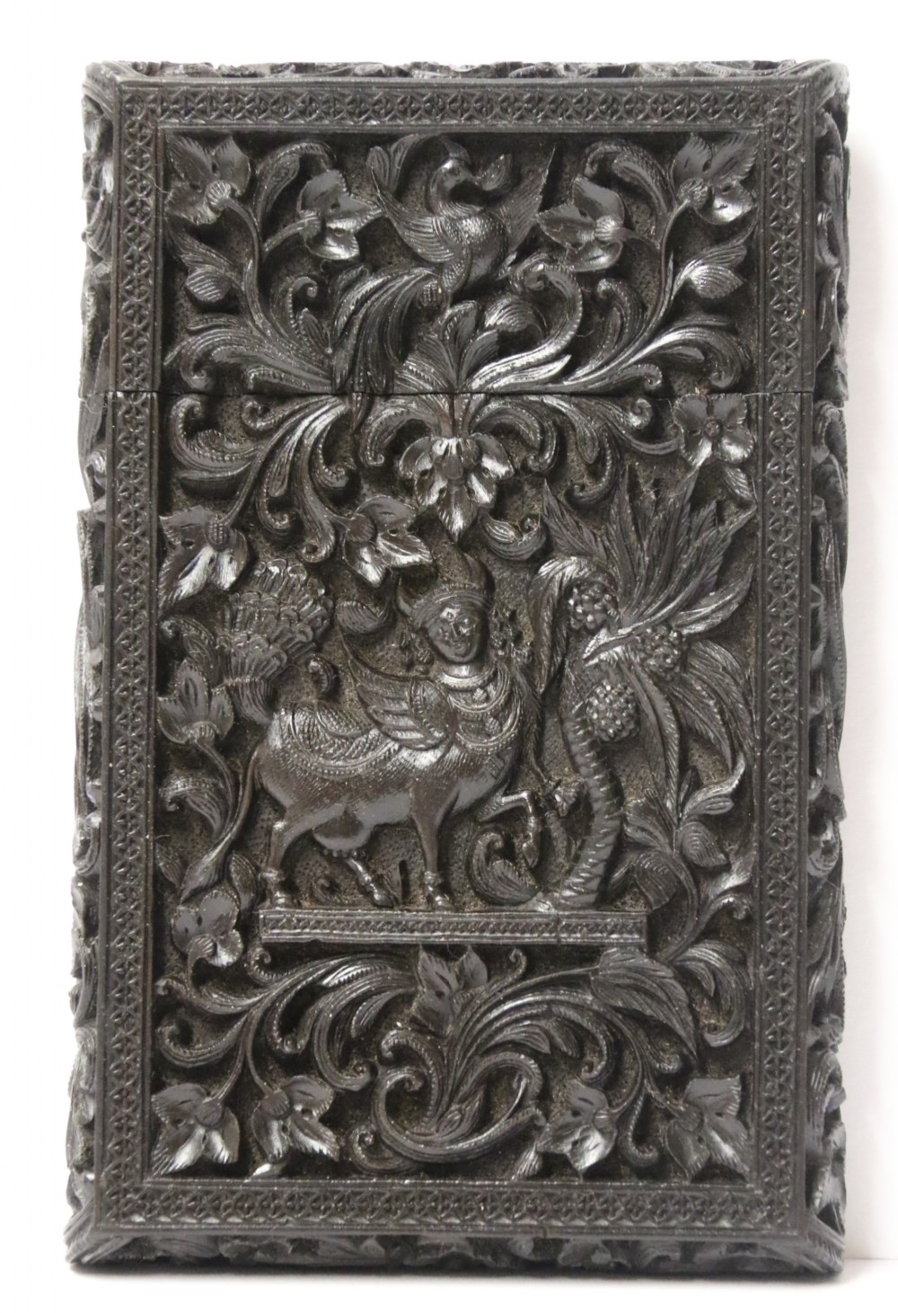 An exceptional Indian Raj period carved ebony calling card case, circa 1860