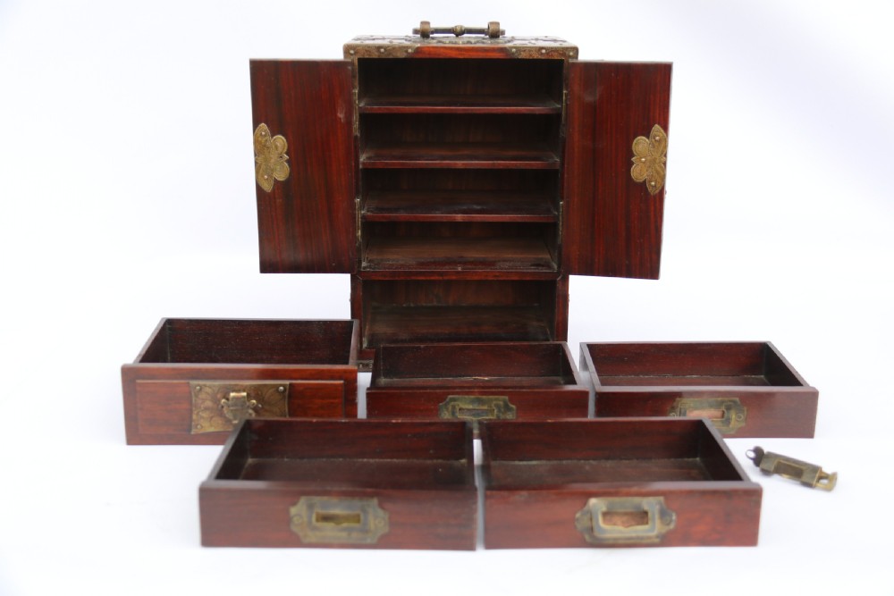 A rare Chinese hardwood and engraved bronze mounted small cabinet with a makers stamp. View XVI