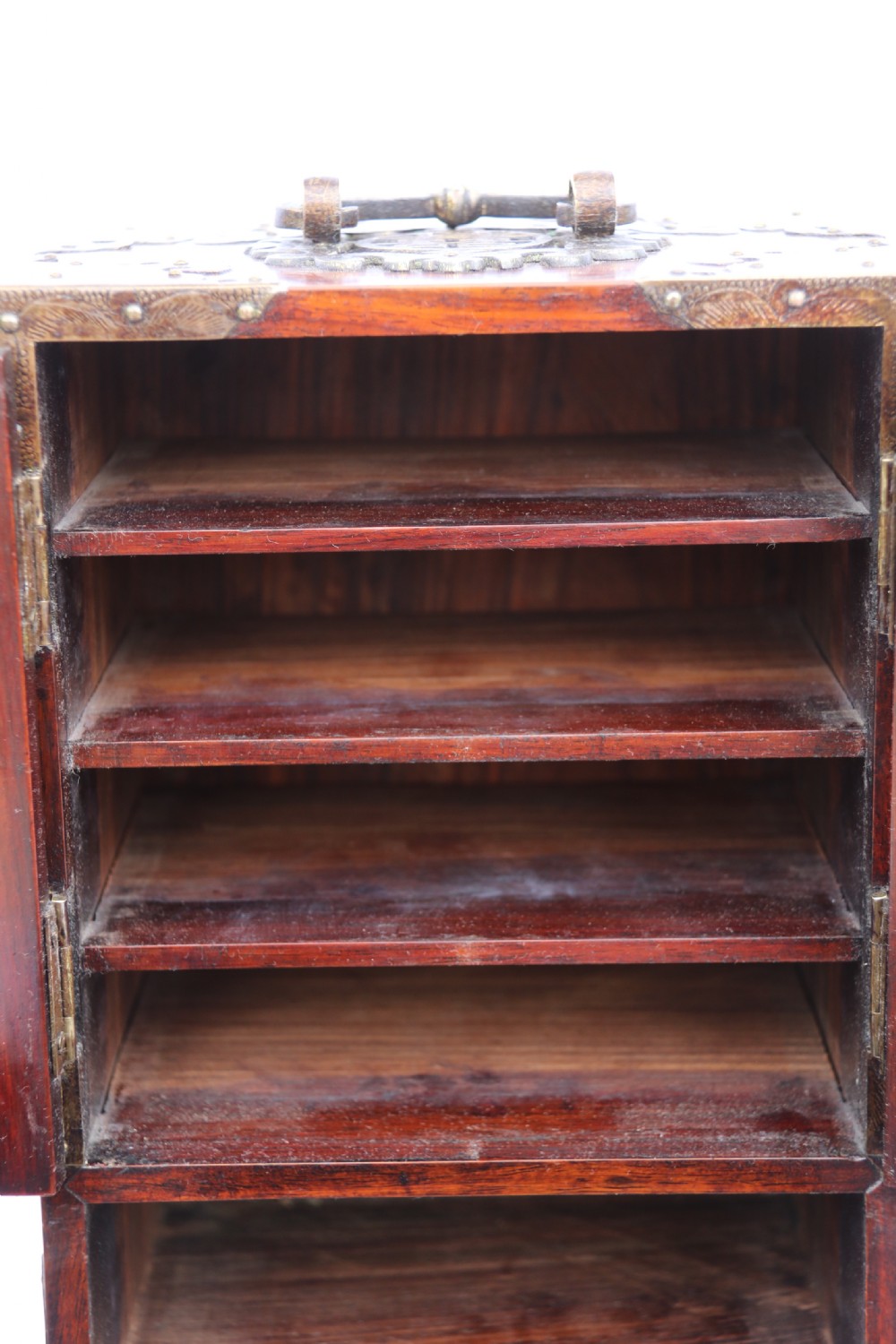 A rare Chinese hardwood and engraved bronze mounted small cabinet with a makers stamp. View XVII