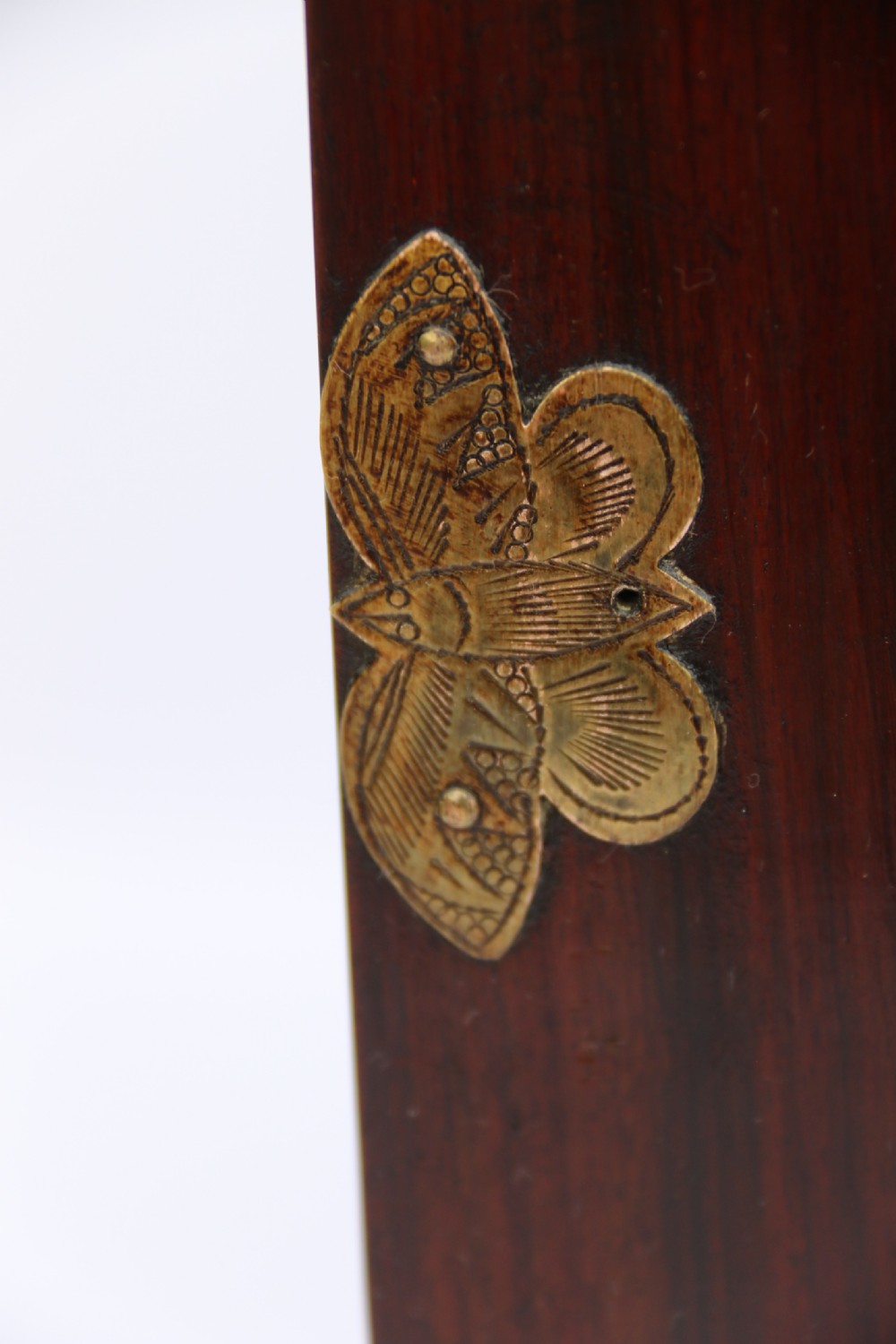 A rare Chinese hardwood and engraved bronze mounted small cabinet with a makers stamp. View XIX