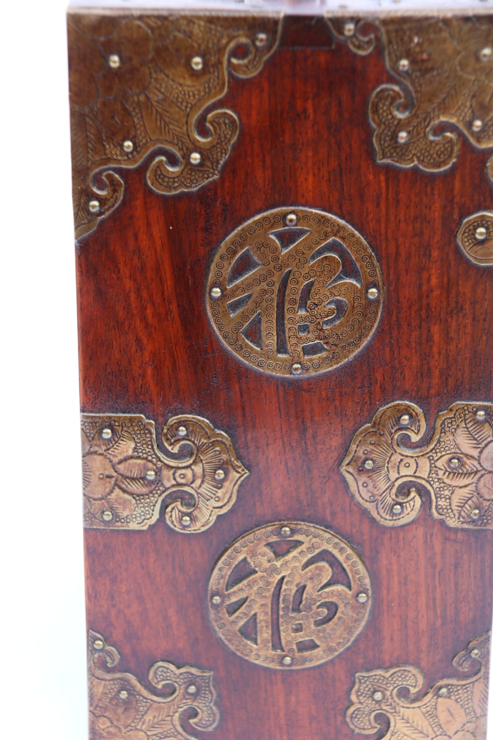 A rare Chinese hardwood and engraved bronze mounted small cabinet with a makers stamp. View XXII