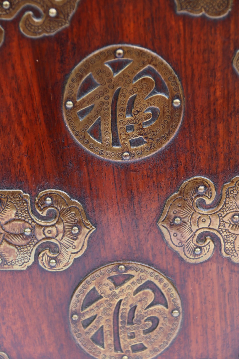 A rare Chinese hardwood and engraved bronze mounted small cabinet with a makers stamp. View XXIII