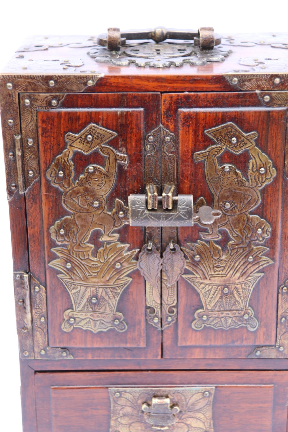 A rare Chinese hardwood and engraved bronze mounted small cabinet with a makers stamp. View XXV