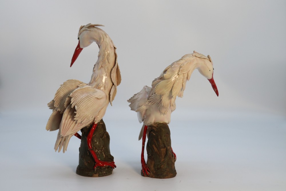 A superb pair of 19th century Meiji period Japanese hand made pottery storks, circa 1900

 View II