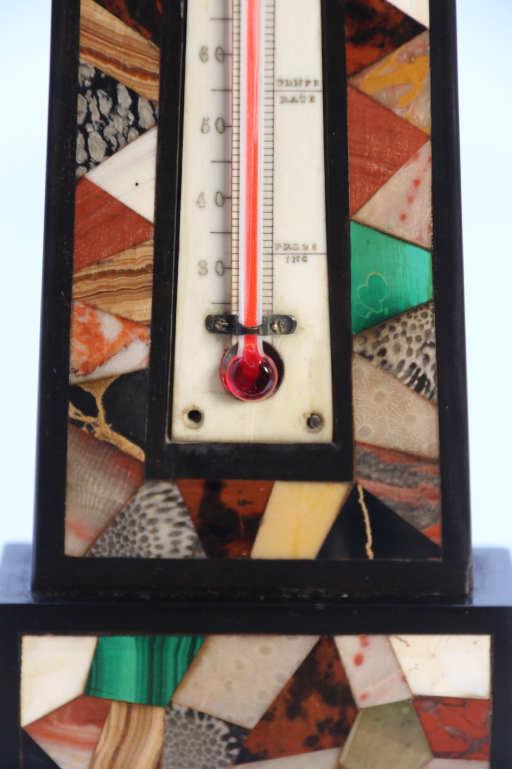 A fine 19th century Derbyshire black slate and specimen marbles obelisk with thermometer

 View XIV