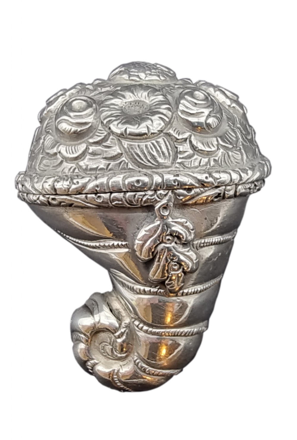 An extremely rare early 19th C Georgian silver vinaigrette modelled as cornucopia hallmarked for Birmingham and most likely by the silversmith John Bettridge.