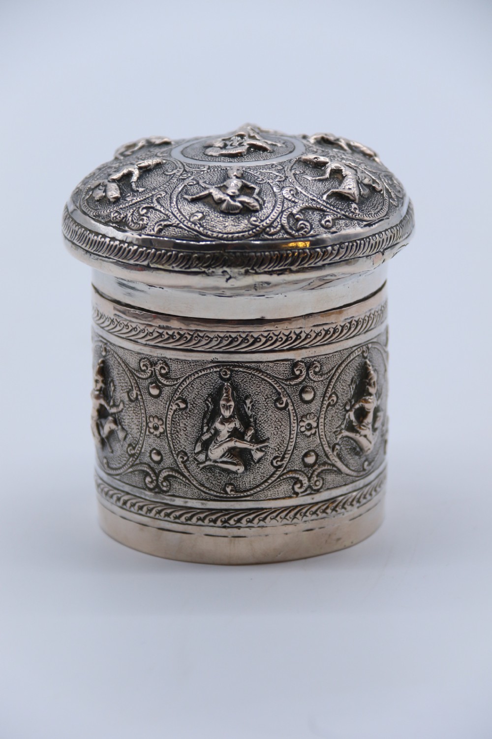 A fine Indian Raj period silver repousse decorated lidded container, c 1900 View V