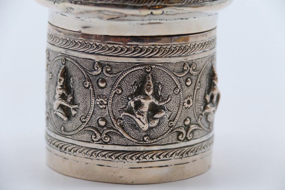 A fine Indian Raj period silver repousse decorated lidded container, c 1900 View IX