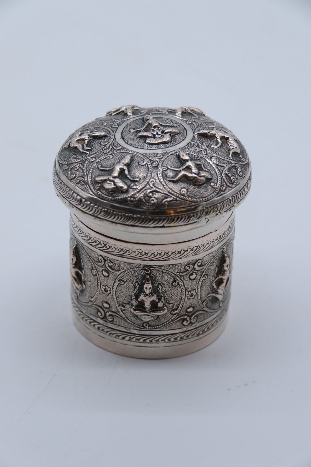 A fine Indian Raj period silver repousse decorated lidded container, c 1900 View XV