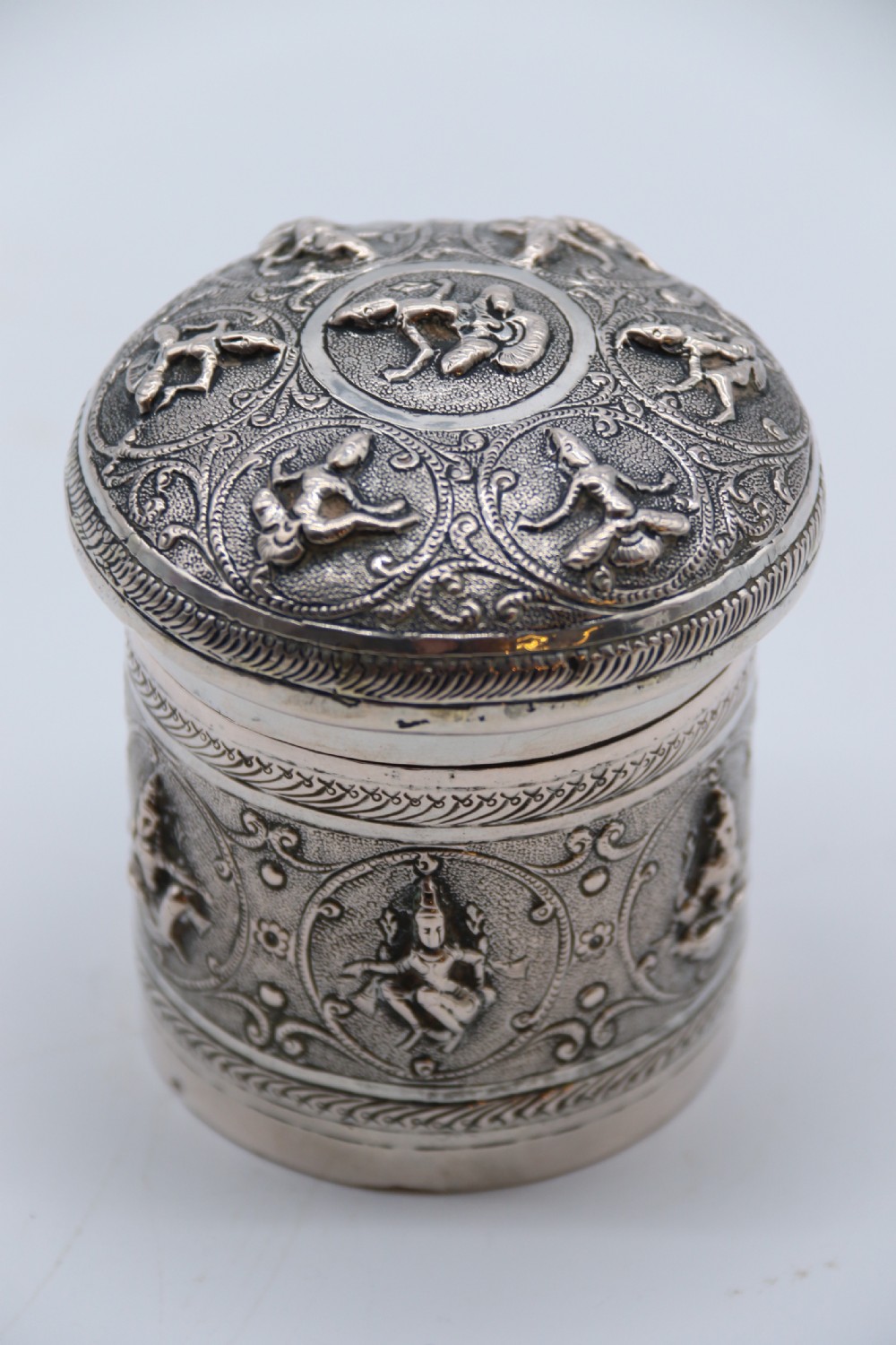 A fine Indian Raj period silver repousse decorated lidded container, c 1900 View XVI