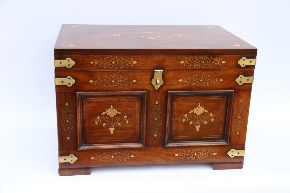 An Indian teak and brass inlaid marriage or dowry chest View II