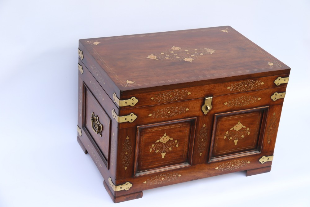 An Indian teak and brass inlaid marriage or dowry chest View III