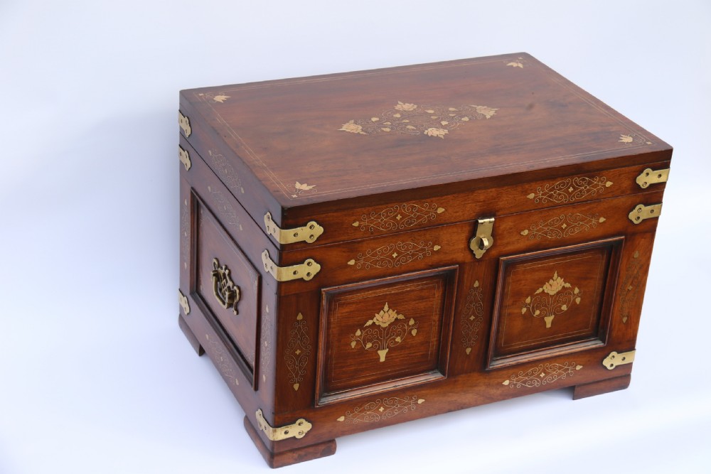 An Indian teak and brass inlaid marriage or dowry chest View IV