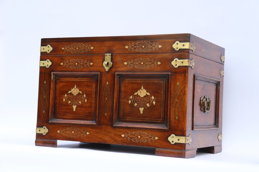An Indian teak and brass inlaid marriage or dowry chest View VI