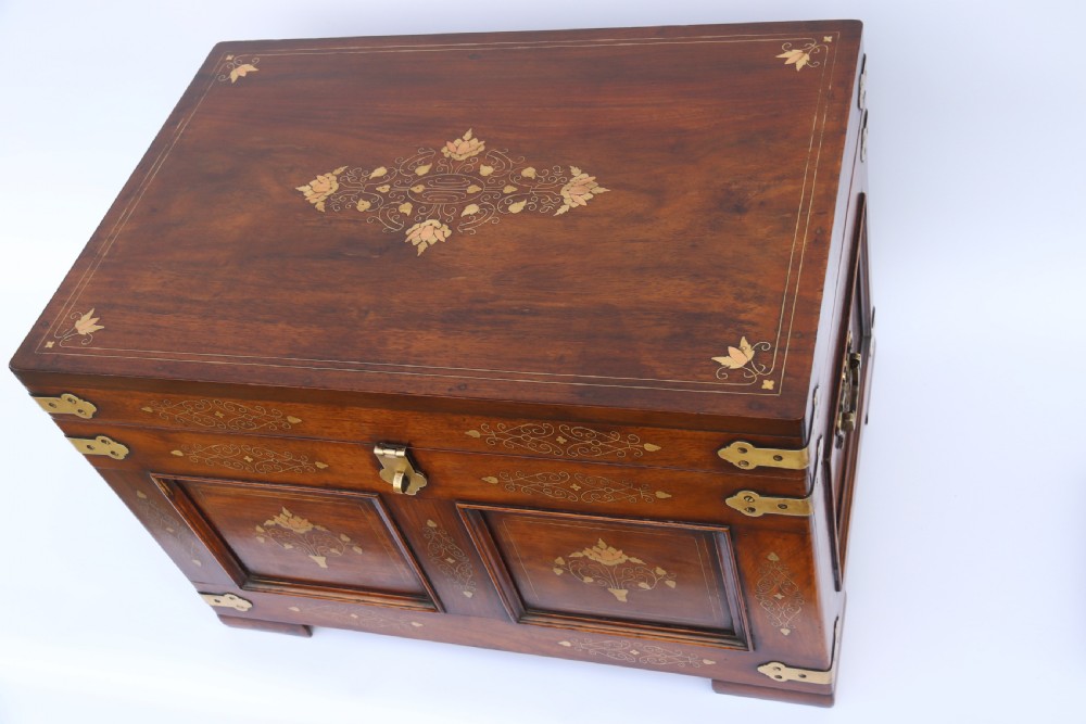 An Indian teak and brass inlaid marriage or dowry chest View X