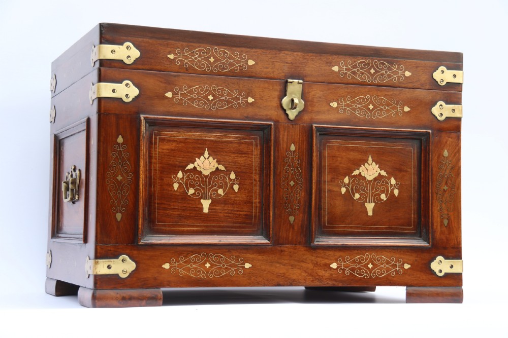 An Indian teak and brass inlaid marriage or dowry chest View XIV