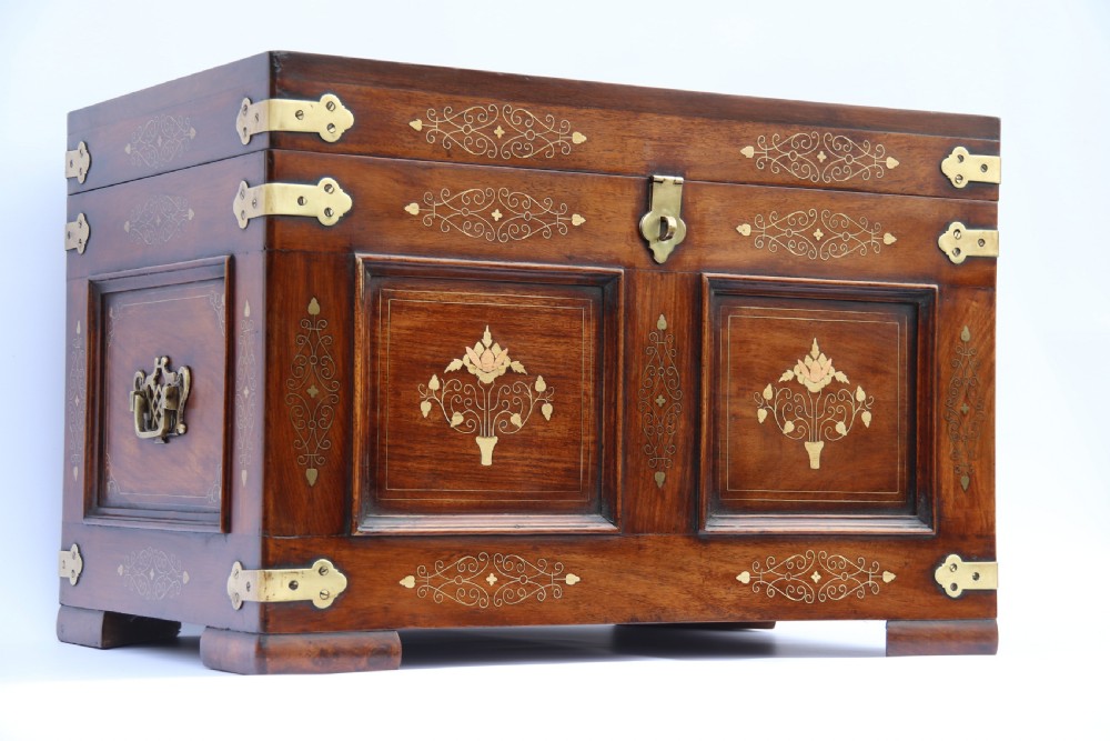 An Indian teak and brass inlaid marriage or dowry chest View XV