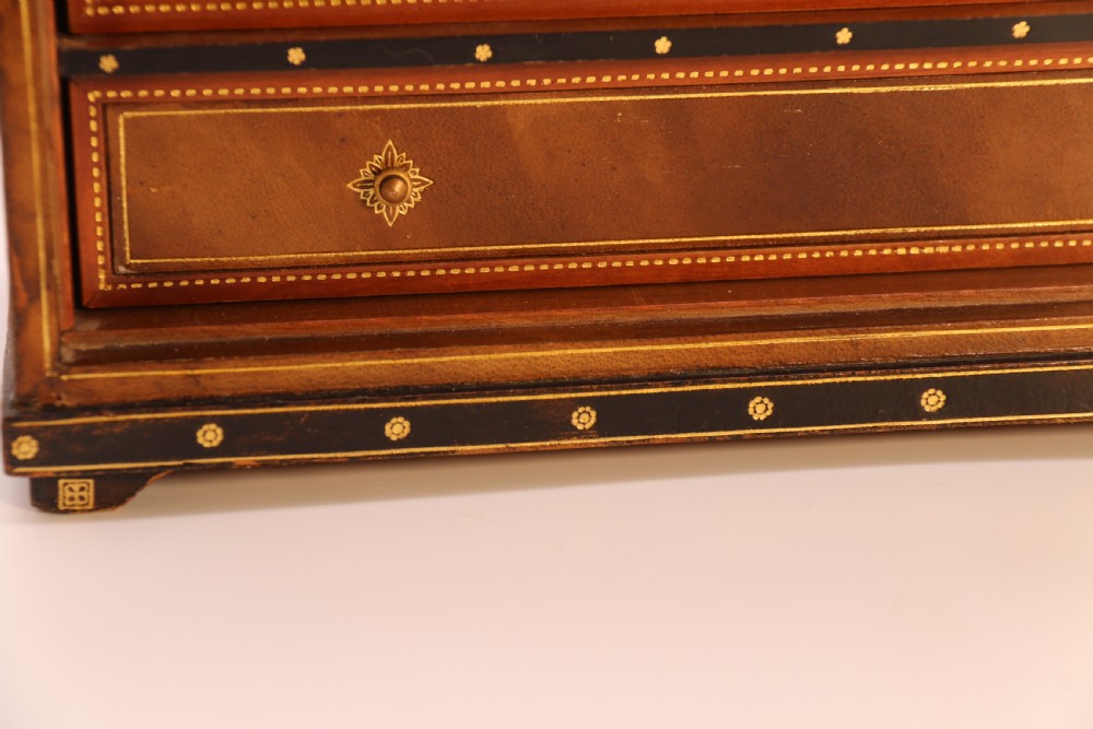 An Italian Grand Tour late 19th century jewellery cabinet finished in gilt tooled leather with a hand coloured view of The Royal Palace, Caserta Italy.

 View XVII